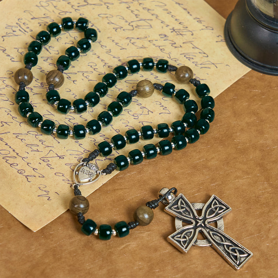 Christianartworkshop Matte Green Cube Beads Rosary with Sacred Heart of Jesus & Celtic Cross - Deep Green - image 0