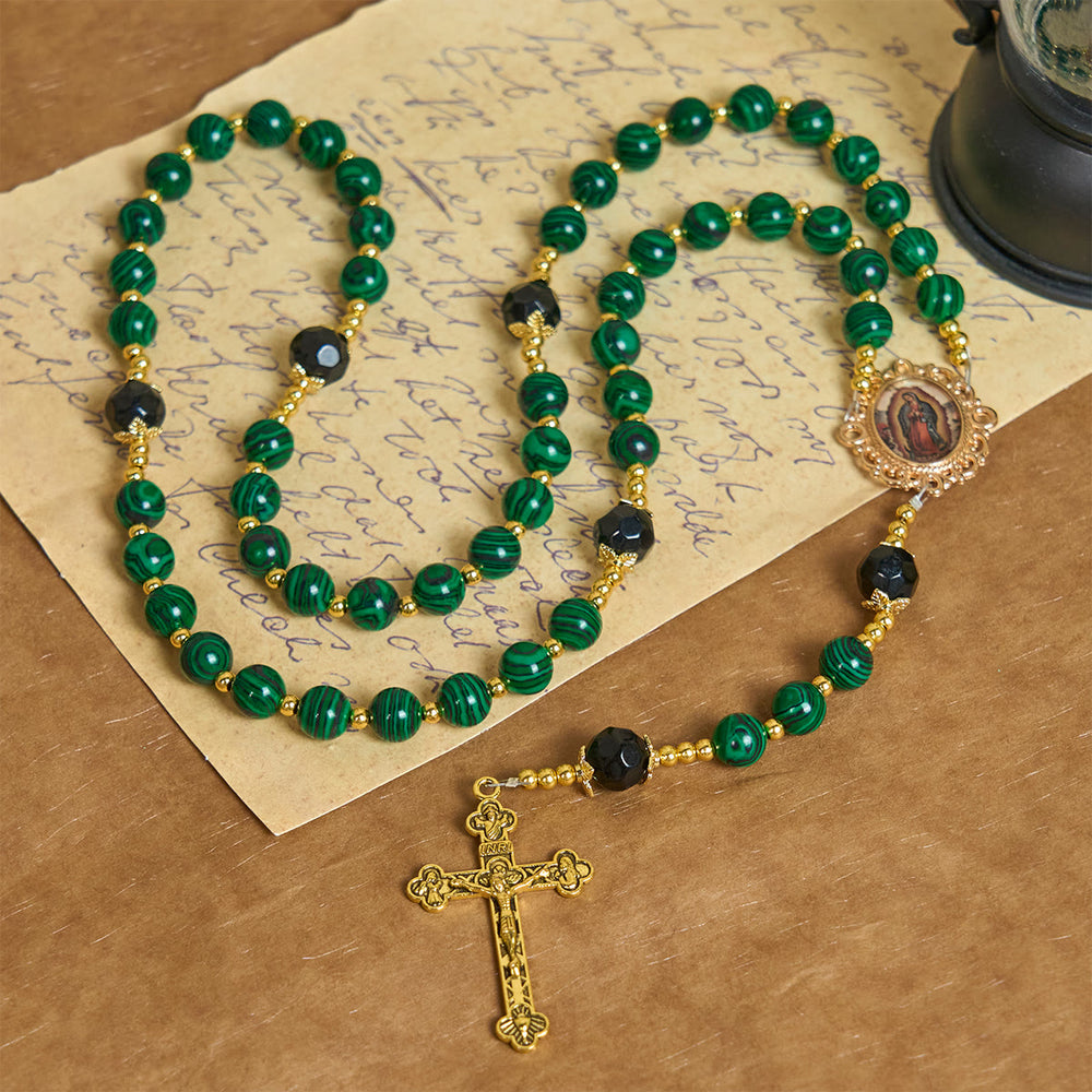 Christianartworkshop Smooth Green Malachite Rosary with Crucifix & Holy Miraculous Medal - image 1
