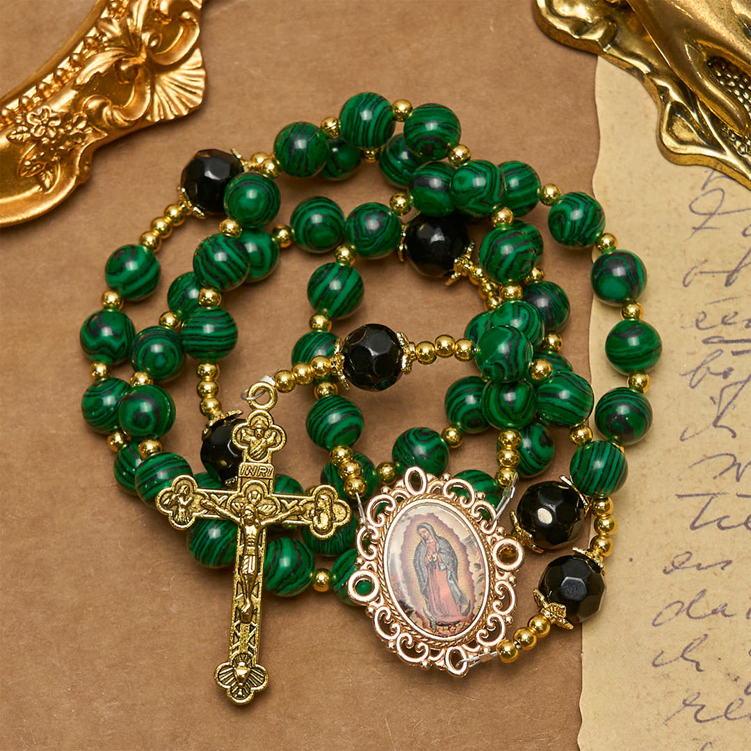 Christianartworkshop Smooth Green Malachite Rosary with Crucifix & Holy Miraculous Medal - Miraculous Medal & Crucifix - image 0