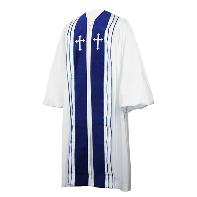 Christianartworkshop White Church Clergy Robe with Embroidered Crosses and Blue Panel Design - image 5