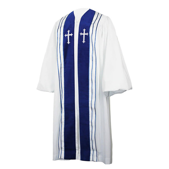 Christianartworkshop White Church Clergy Robe with Embroidered Crosses and Blue Panel Design - image 5