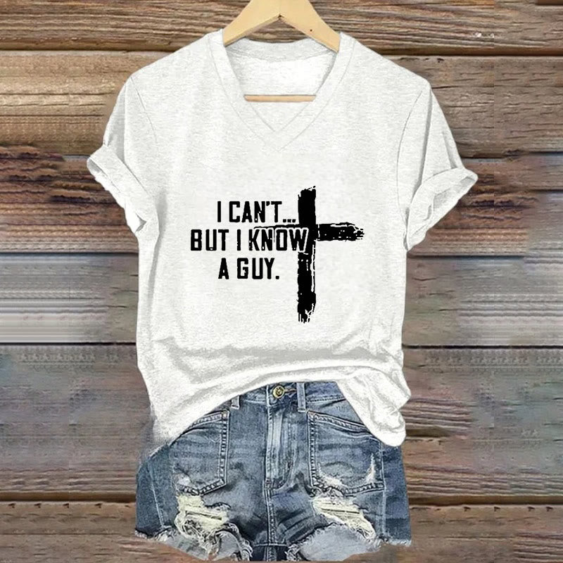 Christianartworkshop Women's I Can't But I Know A Guy Faith Print V-Neck T-shirt - White - 4XL - image 1