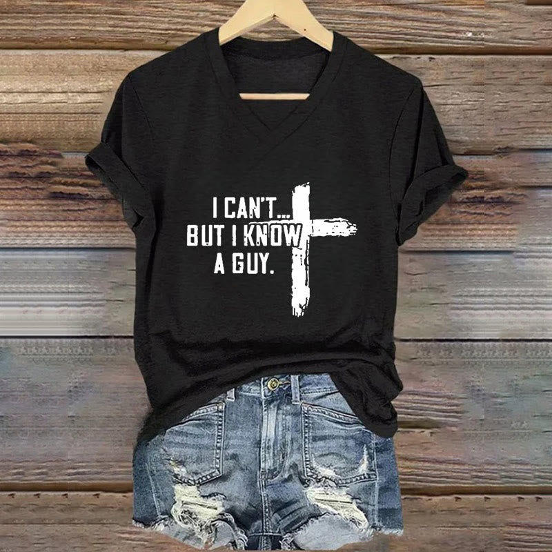 Christianartworkshop Women's I Can't But I Know A Guy Faith Print V-Neck T-shirt - Black - 4XL - image 3