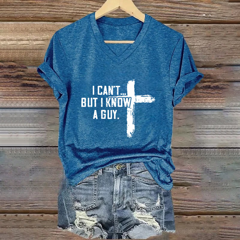 Christianartworkshop Women's I Can't But I Know A Guy Faith Print V-Neck T-shirt - Blue - 4XL - image 8
