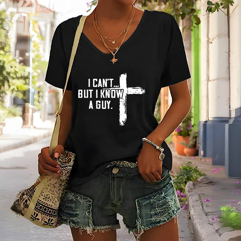Christianartworkshop Women's I Can't But I Know A Guy Faith Print V-Neck T-shirt - image 5