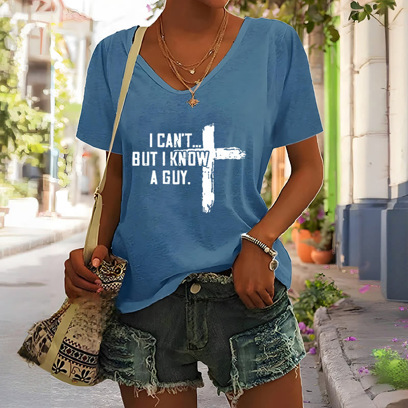 Christianartworkshop Women's I Can't But I Know A Guy Faith Print V-Neck T-shirt - image 8