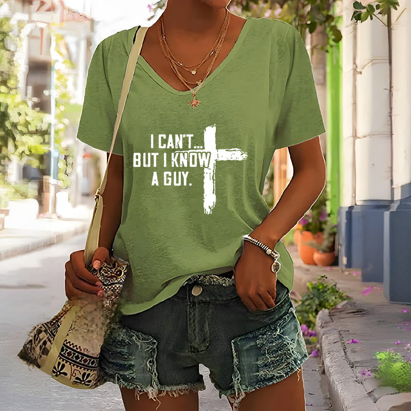 Christianartworkshop Women's I Can't But I Know A Guy Faith Print V-Neck T-shirt - image 7