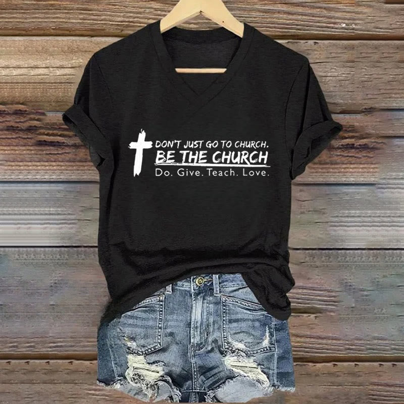 Christianartworkshop Women's Don't Just Go To Church Be The Church Casual V-Neck T-shirt - Black - 4XL - image 4