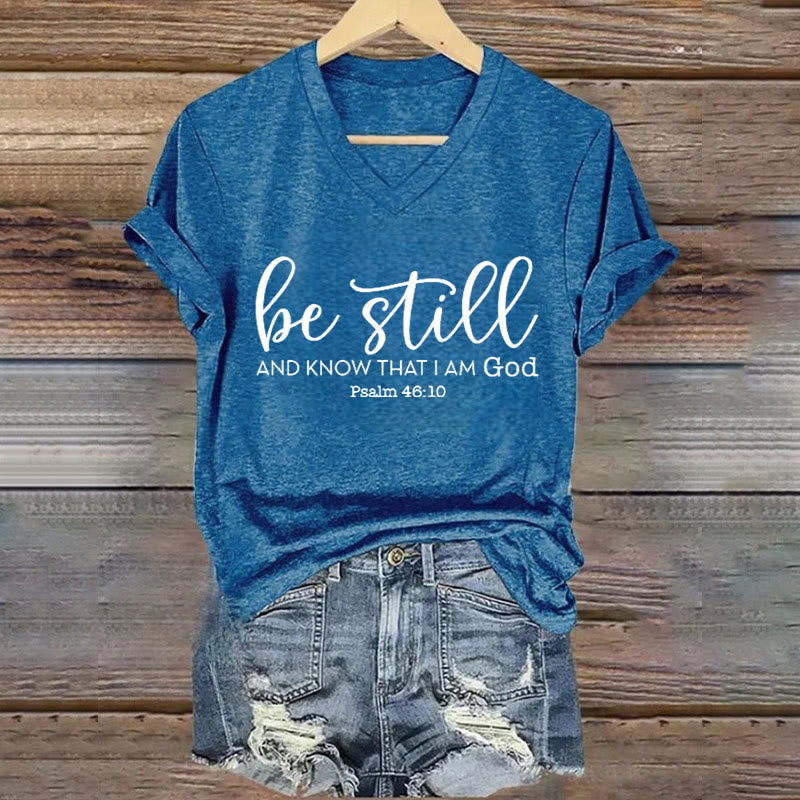 Christianartworkshop Women's Be Still And Know That I Am God Casual V-neck T-shirt - Blue - 4XL - image 1