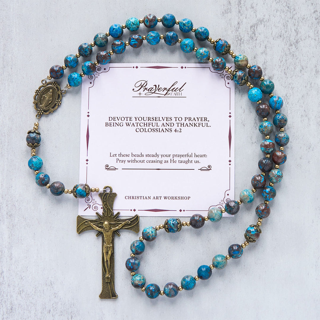 Christianartworkshop Jesus Is The Gift: Blue Pattern Beads Handmade Rosary of Authentic Larimar Stone - PRAYERFUL FAITH - image 3