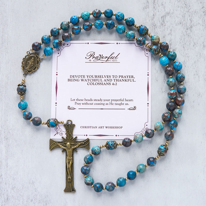 Christianartworkshop Jesus Is The Gift: Blue Pattern Beads Handmade Rosary of Authentic Larimar Stone - PRAYERFUL FAITH - image 3