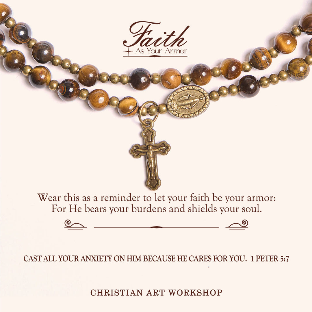 Christianartworkshop PRAYERFUL FAITH: Handmade Tiger's Eye Stone Elastic Rosary Bracelet - PRAYERFUL FAITH - image 1