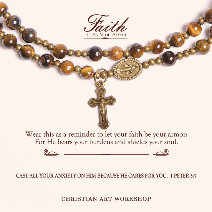 Christianartworkshop PRAYERFUL FAITH: Handmade Tiger's Eye Stone Elastic Rosary Bracelet - PRAYERFUL FAITH - image 1