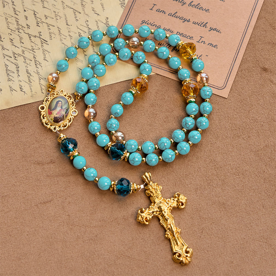 Christianartworkshop Handcrafted Turquoise & Gold Alloy Rosary with Crucifix & St. Therese Medal: Graceful Spiritual Bond - image 2