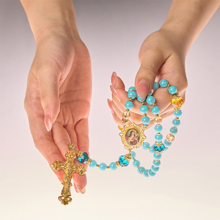 Christianartworkshop PRAYERFUL FAITH: Handcrafted Turquoise & Gold Alloy Rosary with Gift Card - image 11