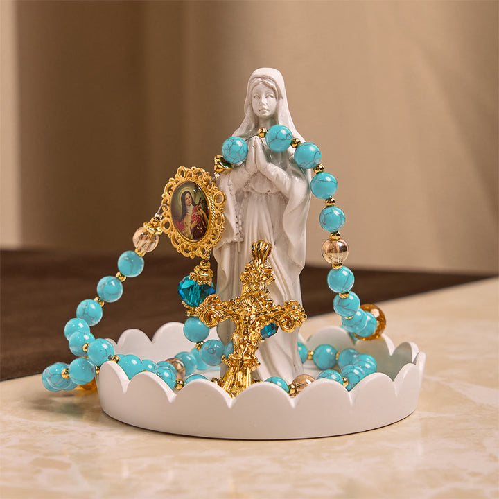 Christianartworkshop PRAYERFUL FAITH: Handcrafted Turquoise & Gold Alloy Rosary with Gift Card - image 12