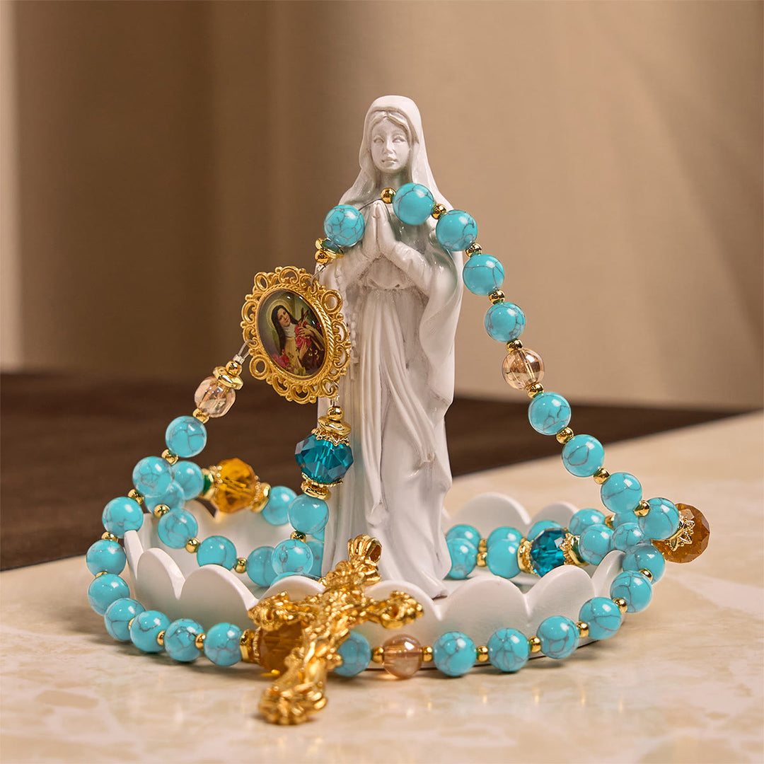 Christianartworkshop PRAYERFUL FAITH: Handcrafted Turquoise & Gold Alloy Rosary with Gift Card - image 8