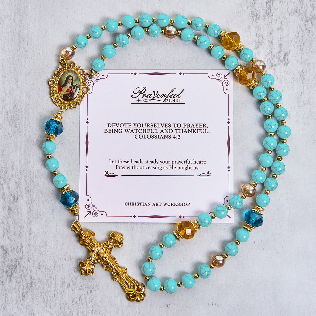 Christianartworkshop PRAYERFUL FAITH: Handcrafted Turquoise & Gold Alloy Rosary with Gift Card - PRAYERFUL FAITH - image 1