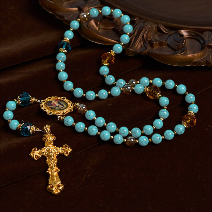 Christianartworkshop PRAYERFUL FAITH: Handcrafted Turquoise & Gold Alloy Rosary with Gift Card - image 3