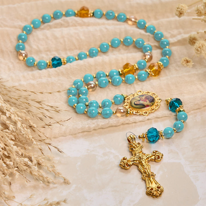 Christianartworkshop PRAYERFUL FAITH: Handcrafted Turquoise & Gold Alloy Rosary with Gift Card - image 7