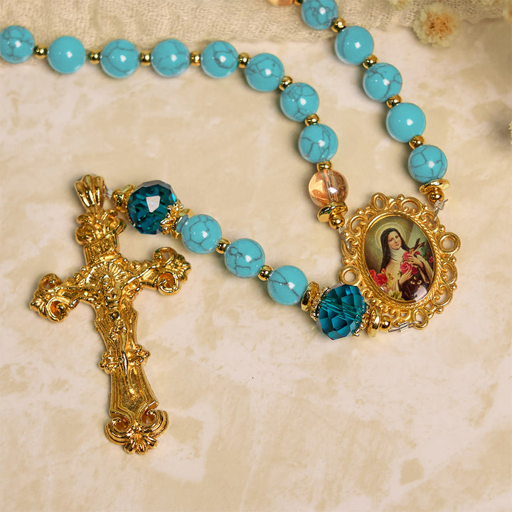 Christianartworkshop PRAYERFUL FAITH: Handcrafted Turquoise & Gold Alloy Rosary with Gift Card - image 10