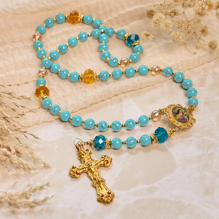Christianartworkshop PRAYERFUL FAITH: Handcrafted Turquoise & Gold Alloy Rosary with Gift Card - image 6