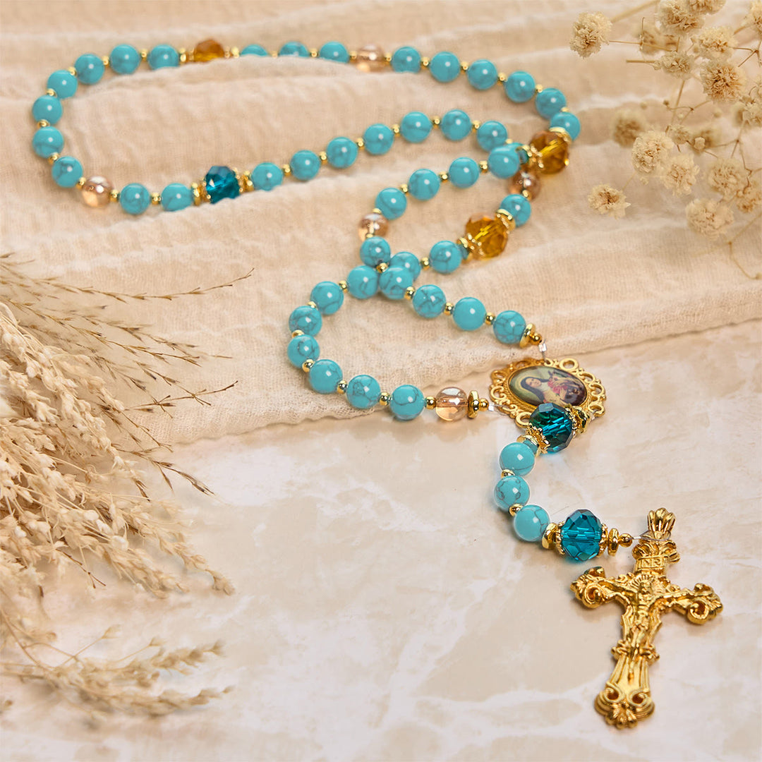 Christianartworkshop PRAYERFUL FAITH: Handcrafted Turquoise & Gold Alloy Rosary with Gift Card - image 13