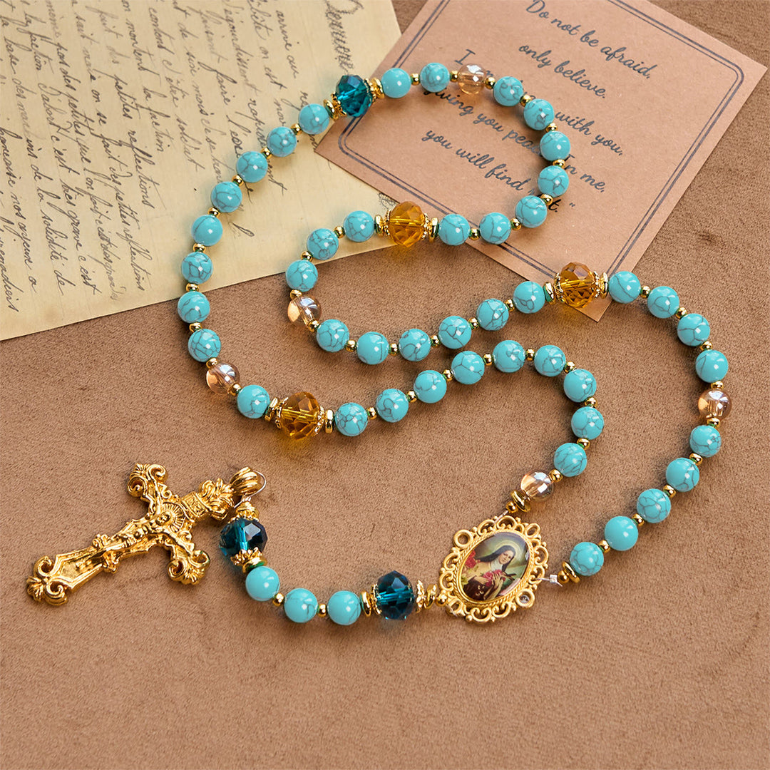 Christianartworkshop PRAYERFUL FAITH: Handcrafted Turquoise & Gold Alloy Rosary with Gift Card - image 5