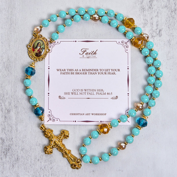 Christianartworkshop PRAYERFUL FAITH: Handcrafted Turquoise & Gold Alloy Rosary with Gift Card - FAITH OVER FEAR - image 1