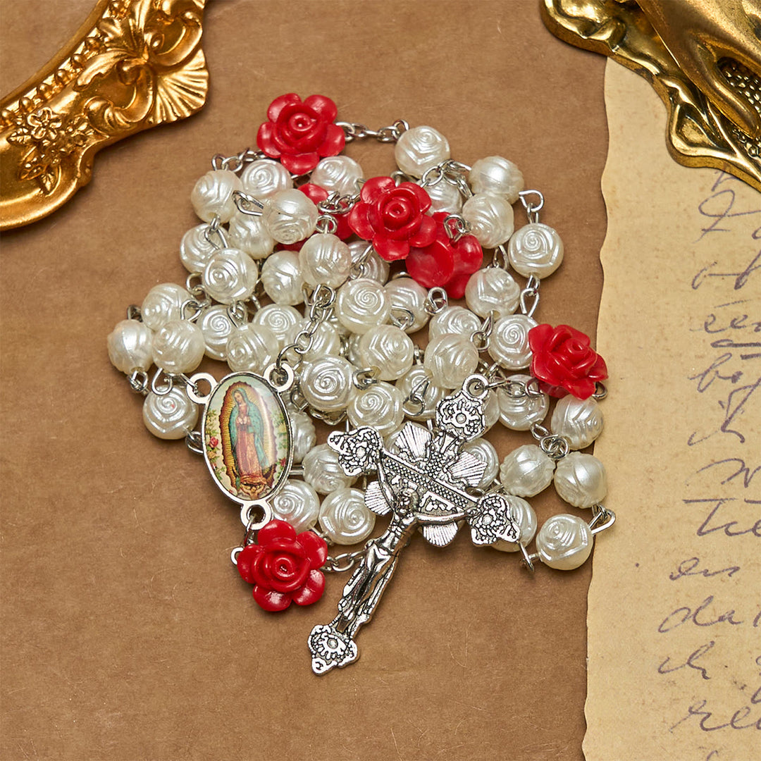 Christianartworkshop Graceful White and Red Rose Beads Rosary with Blessing Crucifix & Our Lady - image 6