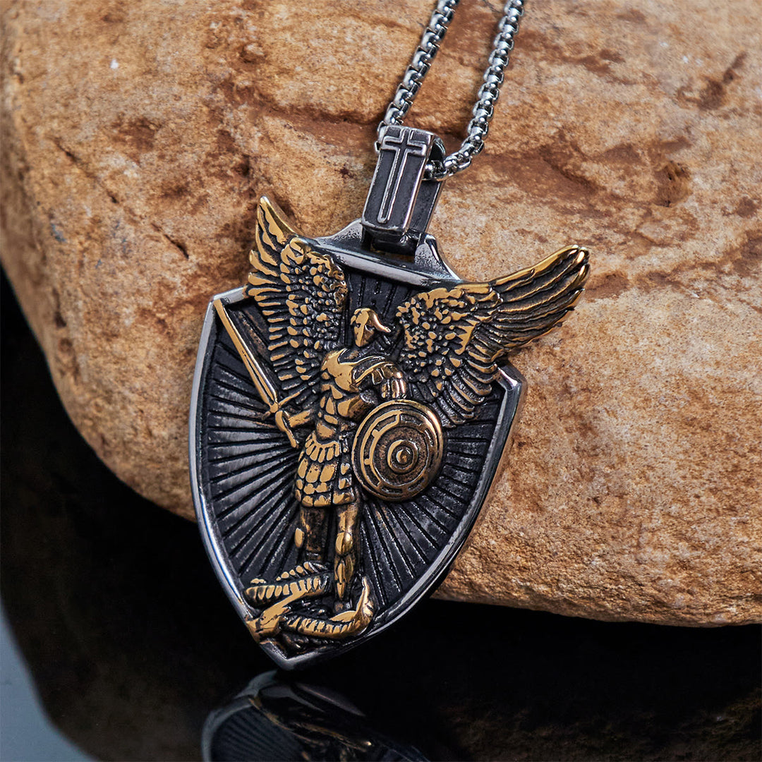 Christianartworkshop Vintage Shield St. Michael the Archangel Stainless Steel Pendant Necklace - Golden - image 1