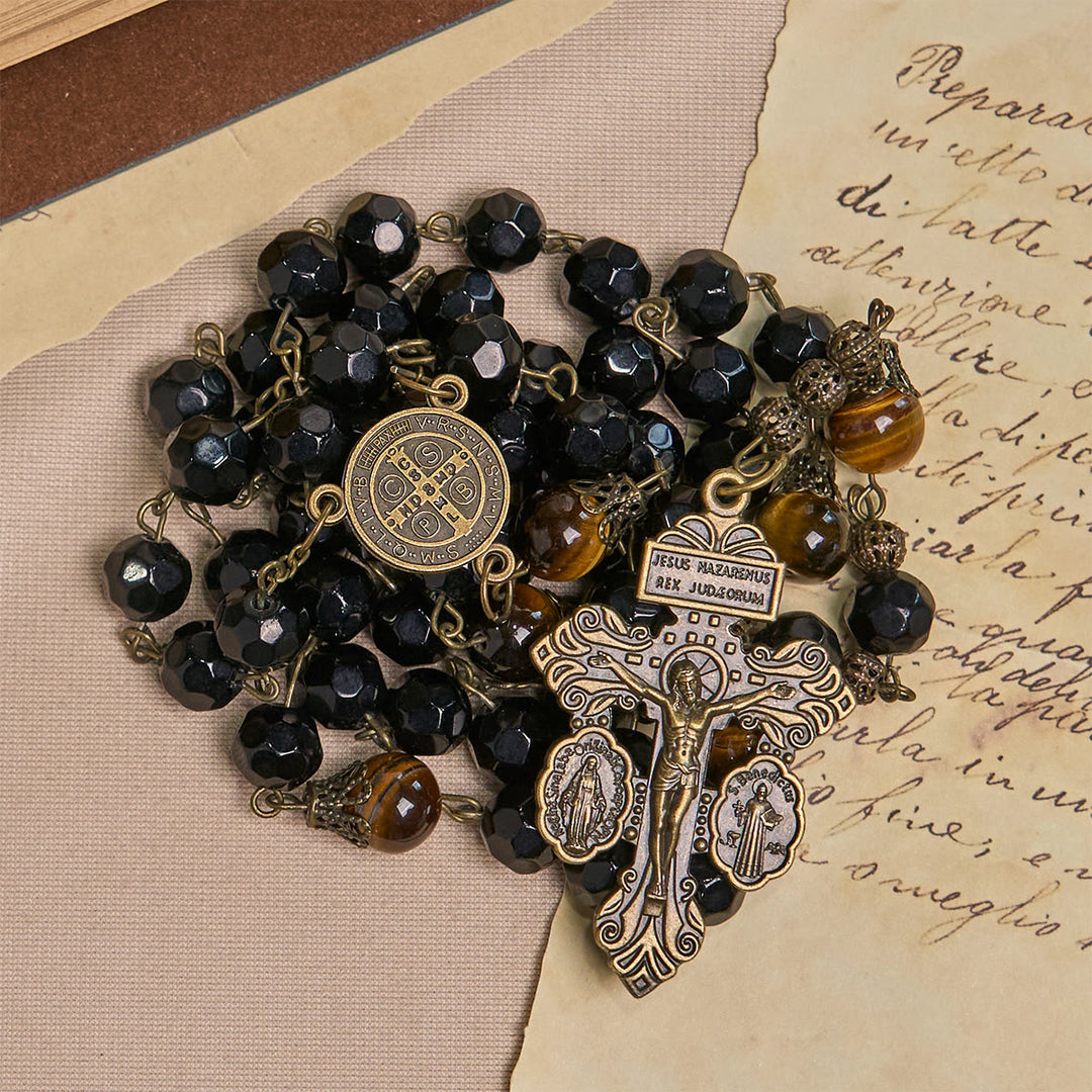 Christianartworkshop Vintage Obsidian Tiger Eye Beads Rosary with Pardon Crucifix & St. Benedict - Crucifix & St. Benedict - image 0