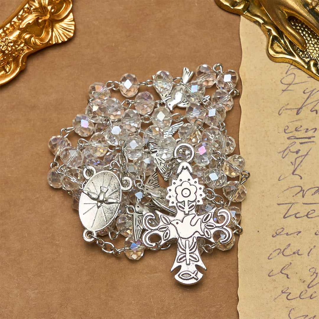 Christianartworkshop Clear Crystal Catholic Rosary with Holy Spirit Dove and Cross - image 7