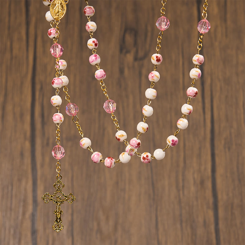 Christianartworkshop Miraculous Medal & Crucifix of 8 mm Round Floral Pink Ceramic Alloy Chain Rosary - image 9