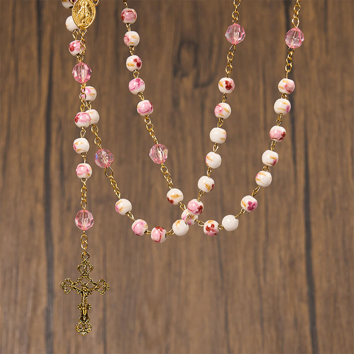 Christianartworkshop Miraculous Medal & Crucifix of 8 mm Round Floral Pink Ceramic Alloy Chain Rosary - image 9