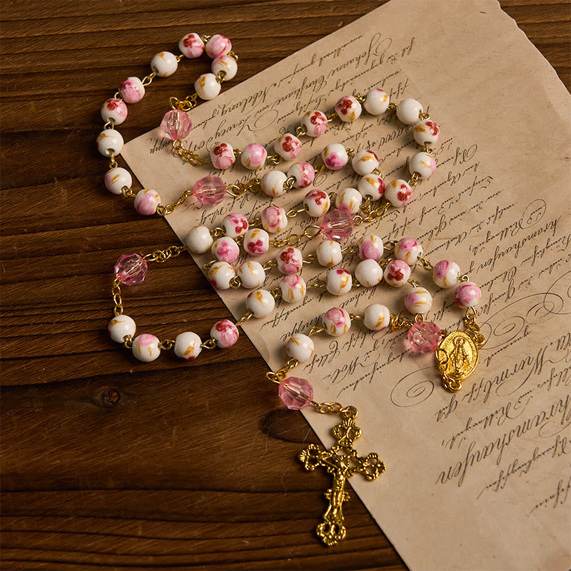 Christianartworkshop Miraculous Medal & Crucifix of 8 mm Round Floral Pink Ceramic Alloy Chain Rosary - image 4