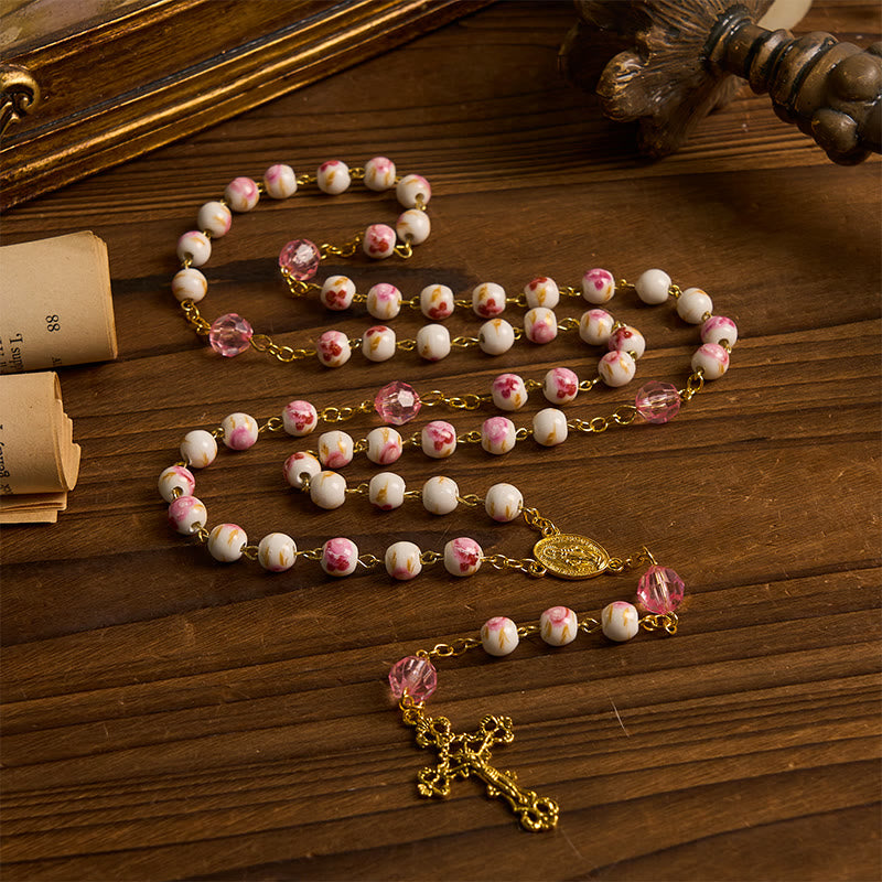 Christianartworkshop Miraculous Medal & Crucifix of 8 mm Round Floral Pink Ceramic Alloy Chain Rosary - image 5