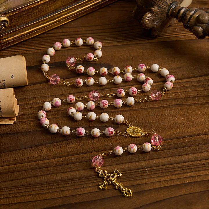 Christianartworkshop Miraculous Medal & Crucifix of 8 mm Round Floral Pink Ceramic Alloy Chain Rosary - image 5
