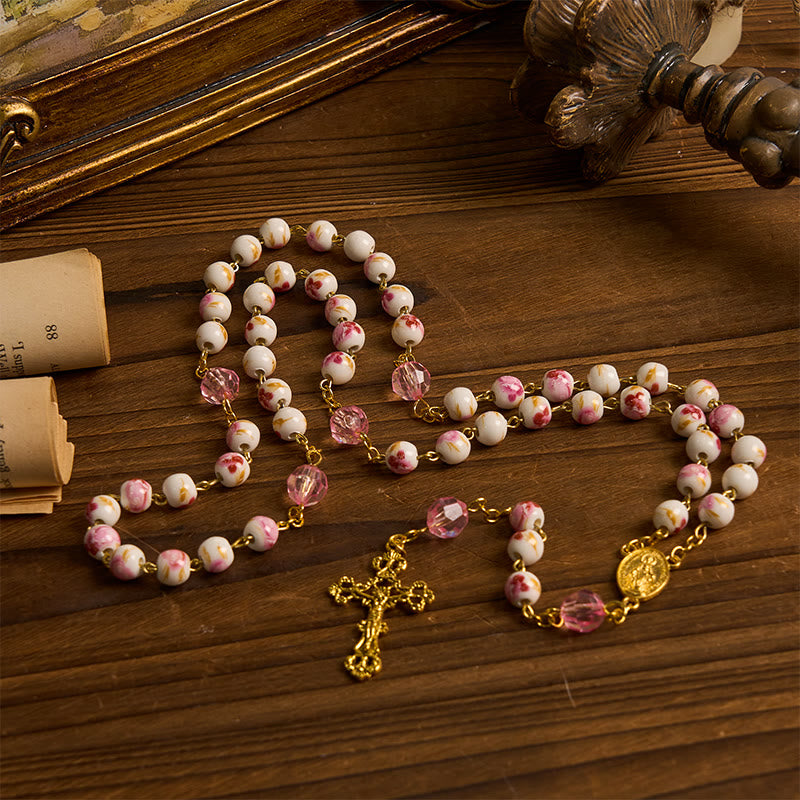Christianartworkshop Miraculous Medal & Crucifix of 8 mm Round Floral Pink Ceramic Alloy Chain Rosary - image 10