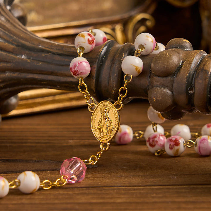 Christianartworkshop Miraculous Medal & Crucifix of 8 mm Round Floral Pink Ceramic Alloy Chain Rosary - image 7