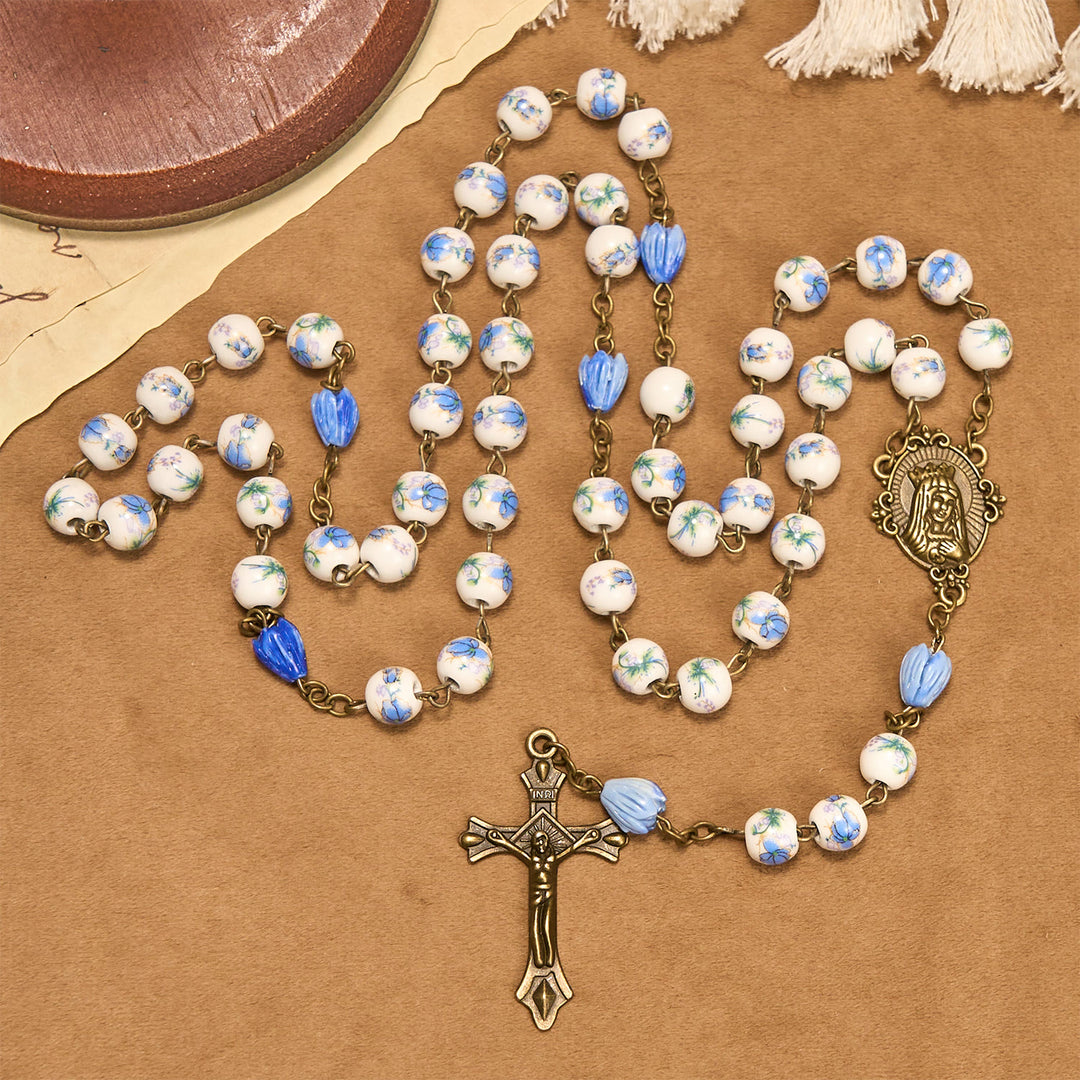 Christianartworkshop Immaculate Heart of Mary & Crucifix of 8 mm Round Blue Floral Acrylic Alloy Chain Rosary - image 5