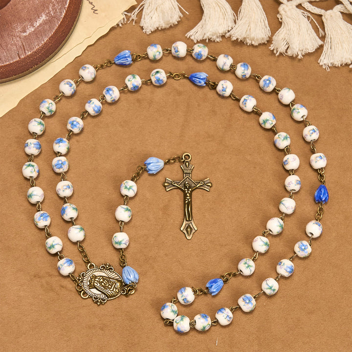 Christianartworkshop Immaculate Heart of Mary & Crucifix of 8 mm Round Blue Floral Acrylic Alloy Chain Rosary - image 9