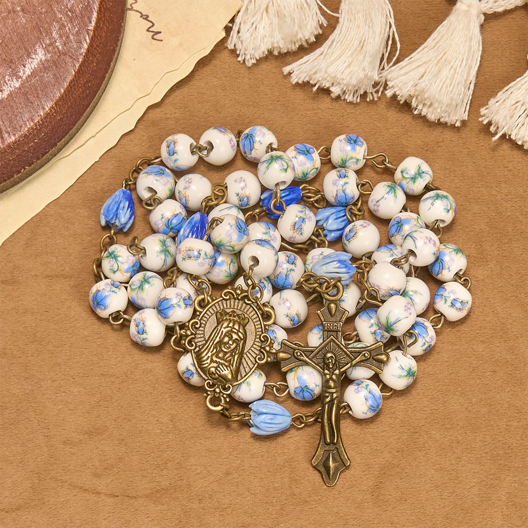 Christianartworkshop Immaculate Heart of Mary & Crucifix of 8 mm Round Blue Floral Acrylic Alloy Chain Rosary - image 10
