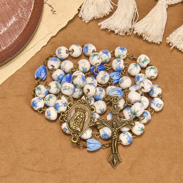 Christianartworkshop Immaculate Heart of Mary & Crucifix of 8 mm Round Blue Floral Acrylic Alloy Chain Rosary - image 10
