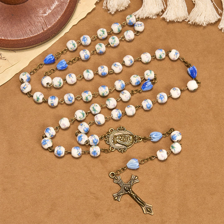 Christianartworkshop Immaculate Heart of Mary & Crucifix of 8 mm Round Blue Floral Acrylic Alloy Chain Rosary - image 6