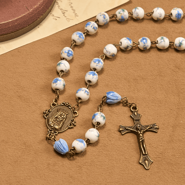 Christianartworkshop Immaculate Heart of Mary & Crucifix of 8 mm Round Blue Floral Acrylic Alloy Chain Rosary - image 8