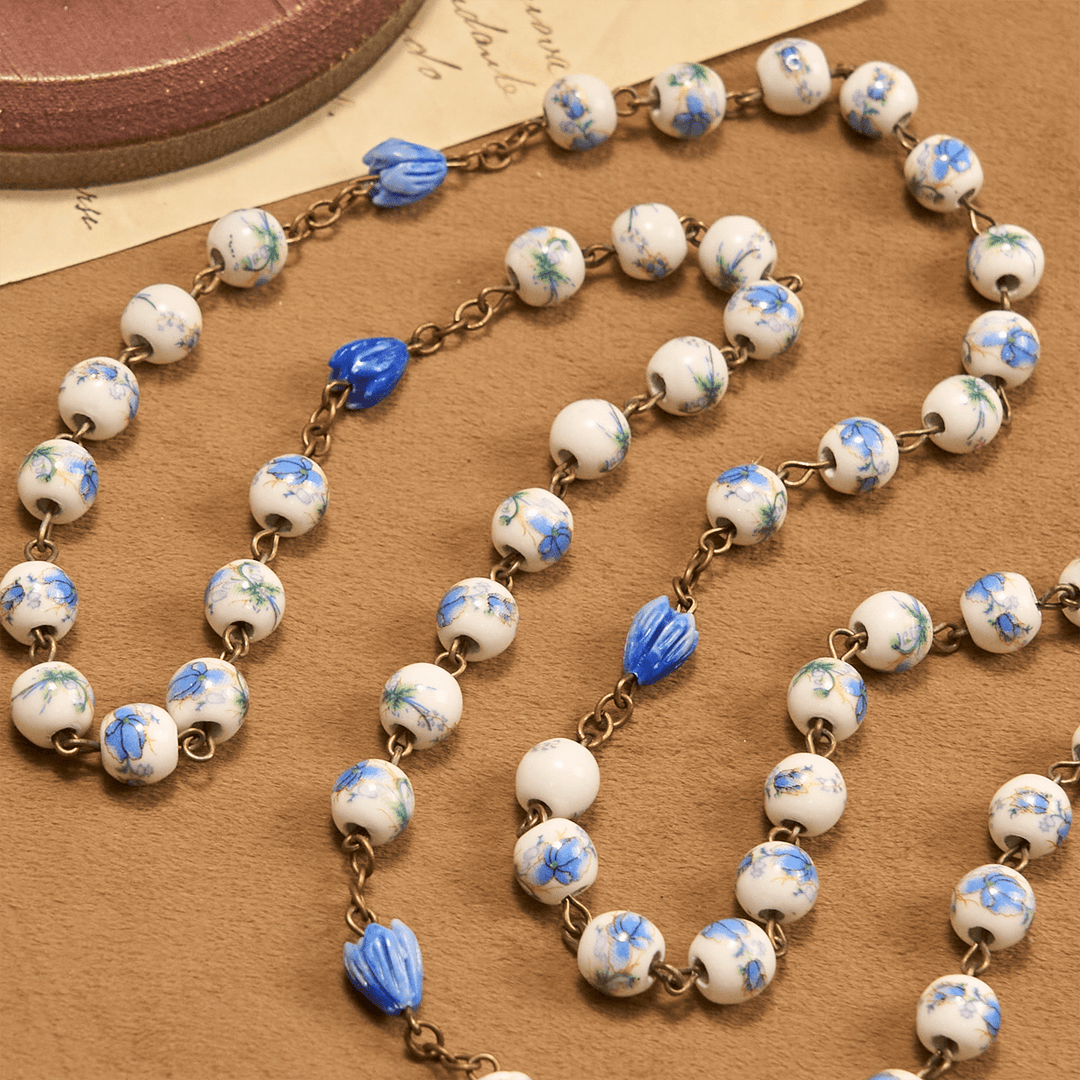 Christianartworkshop Immaculate Heart of Mary & Crucifix of 8 mm Round Blue Floral Acrylic Alloy Chain Rosary - image 7