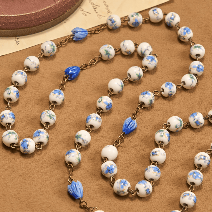 Christianartworkshop Immaculate Heart of Mary & Crucifix of 8 mm Round Blue Floral Acrylic Alloy Chain Rosary - image 7