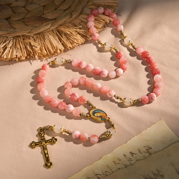 Christianartworkshop Handmade Pink Glossy Beads Rosary with Brass Crucifix and Our Lady Charm - image 4