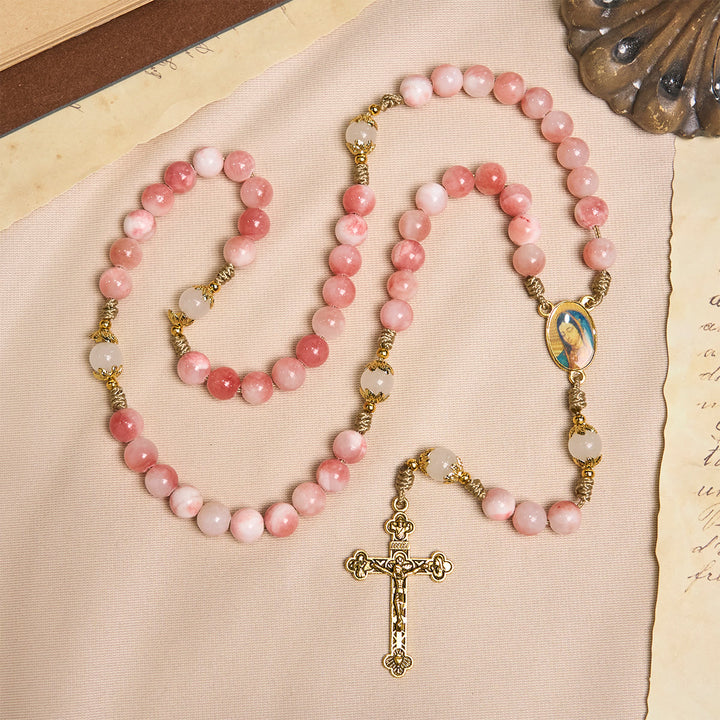 Christianartworkshop Handmade Pink Glossy Beads Rosary with Brass Crucifix and Our Lady Charm - image 3